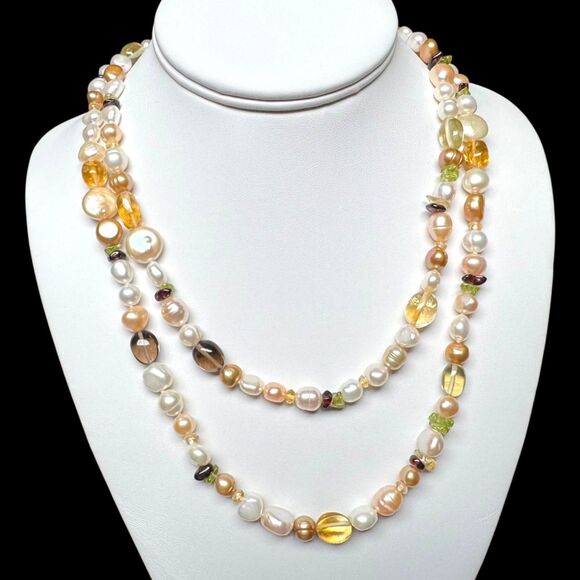 Honora 40" Freshwater Pearl & Gemstone Necklace w/ Earrings Citrine Smoky Quartz - Picture 2 of 16